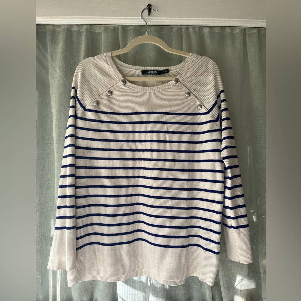 Lauren Ralph Lauren Sz1X Cream & Navy Striped Crew Neck Cotton Blend Sweater